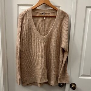 Free People Oversized V-Neck Sweater in Tan